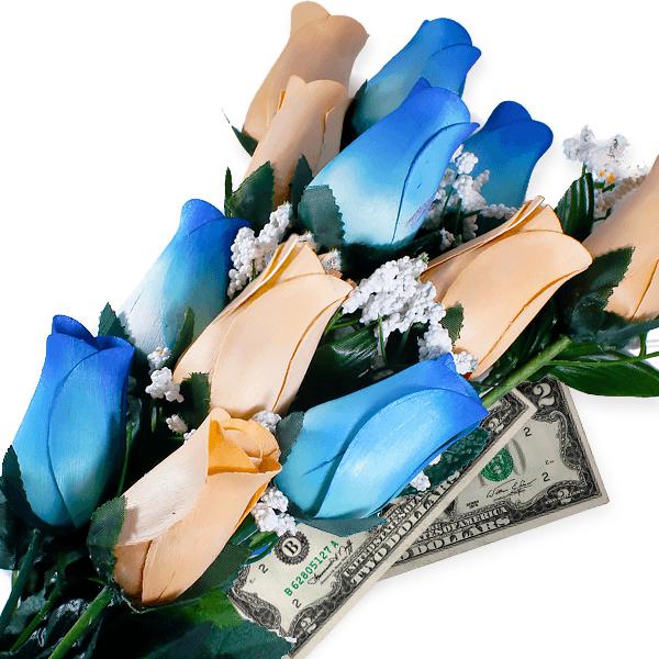 Baby Blue & Peach Bouquet Cash Roses