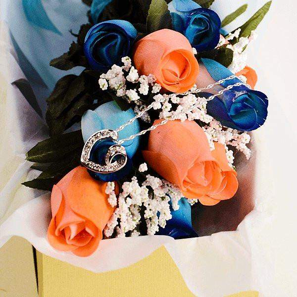 Blue & Coral Half Dozen Jewelry Roses