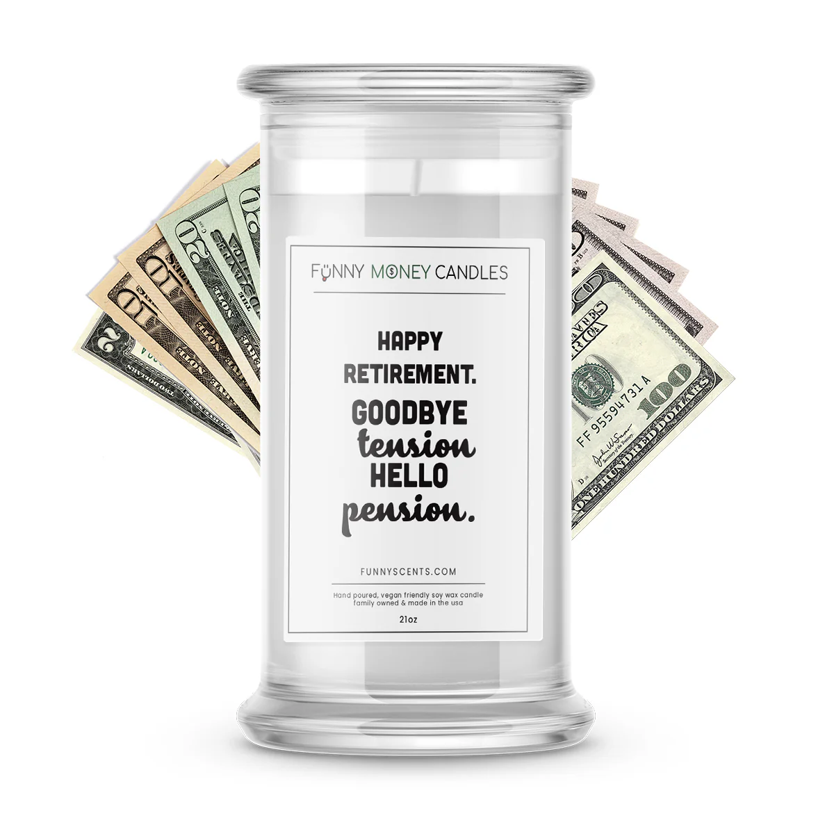 Happy Retirement. Goodbye Tension Hello pension. Money Funny Candles