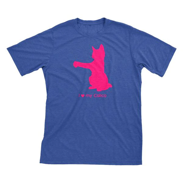I Love My Calico Must Love Cats Hot Pink On Heathered Royal Blue Short Sleeve T-Shirt