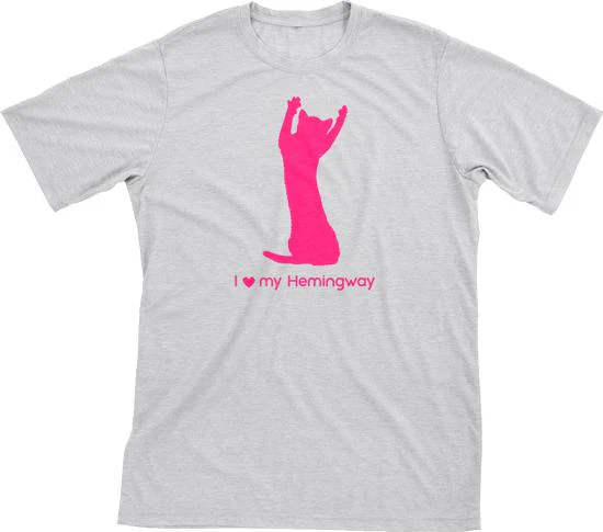 I Love My Hemingway Must Love Cats Hot Pink On Heathered Grey Short Sleeve T-Shirt