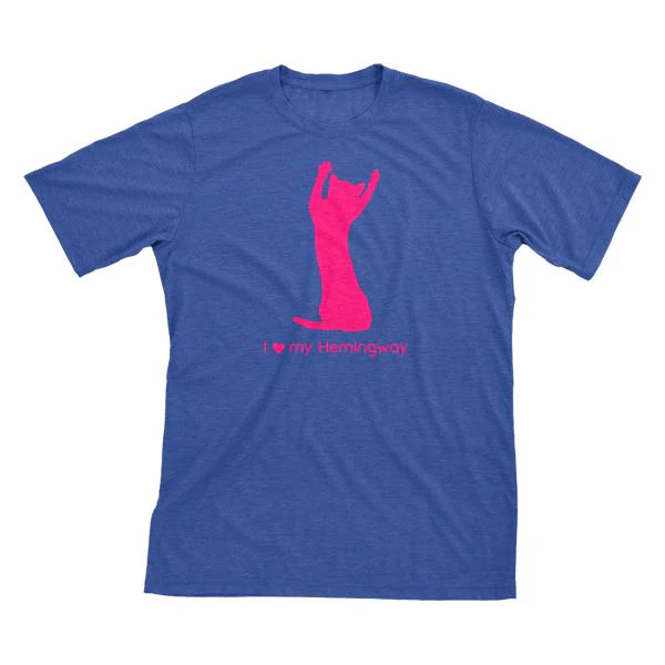 I Love My Hemingway Must Love Cats Hot Pink On Heathered Royal Blue Short Sleeve T-Shirt