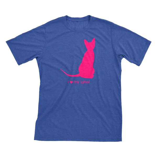 I Love My Lykoi Must Love Cats Hot Pink On Heathered Royal Blue Short Sleeve T-Shirt