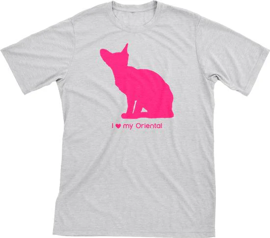 I Love My Oriental Must Love Cats Hot Pink On Heathered Grey Short Sleeve T-Shirt