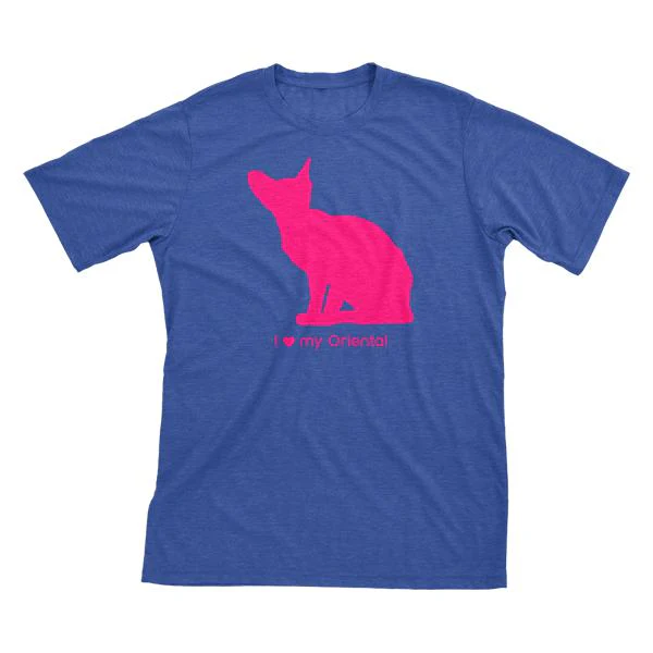 I Love My Oriental Must Love Cats Hot Pink On Heathered Royal Blue Short Sleeve T-Shirt