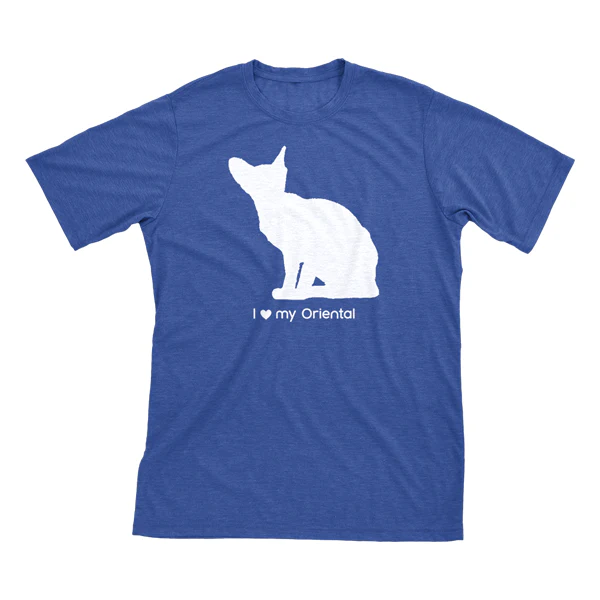 I Love My Oriental Must Love Cats White On Heathered Royal Blue Short Sleeve T-Shirt