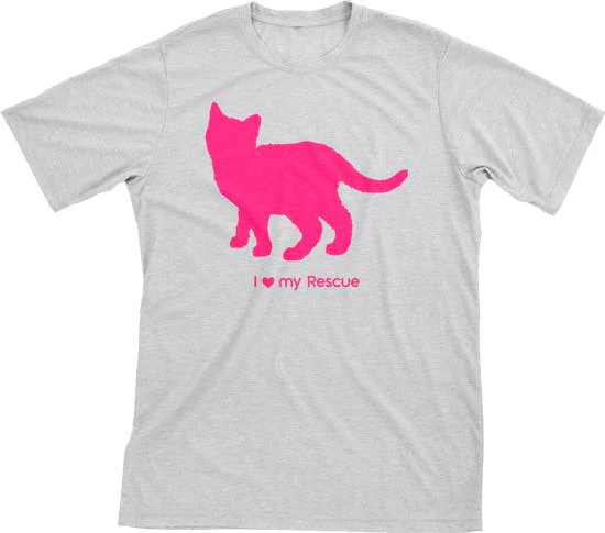I Love My Rescue Must Love Cats Hot Pink On Heathered Grey Short Sleeve T-Shirt