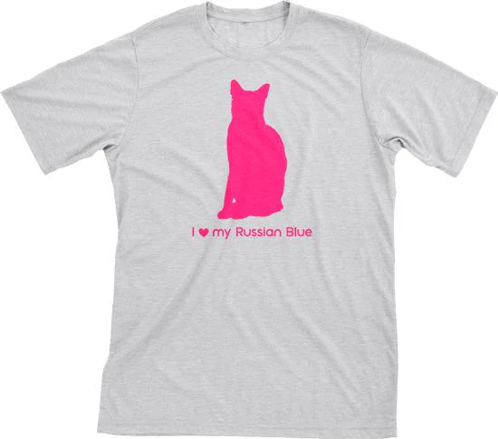 I Love My Russian Blue Must Love Cats Hot Pink On Heathered Grey Short Sleeve T-Shirt