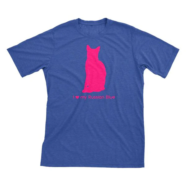 I Love My Russian Blue Must Love Cats Hot Pink On Heathered Royal Blue Short Sleeve T-Shirt
