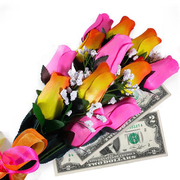 Orange Yellow Ombré & Pink Bouquet Cash Roses