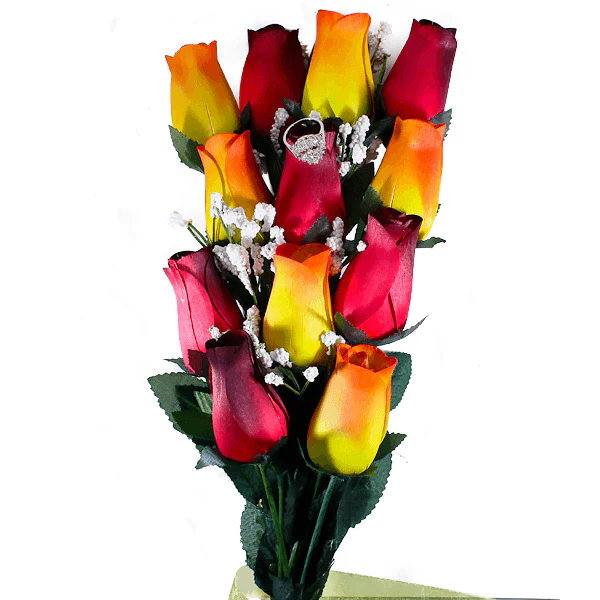 Red & Orange Yellow Ombré Bouquet Jewelry Roses - Image 2