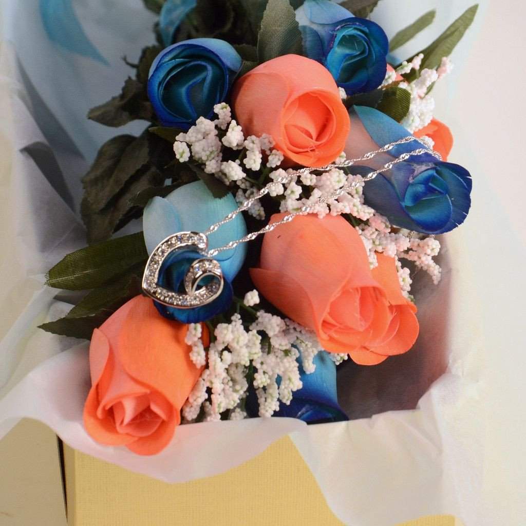 Scented Blue And Coral Mixed Wax Roses Bouquet - Image 5